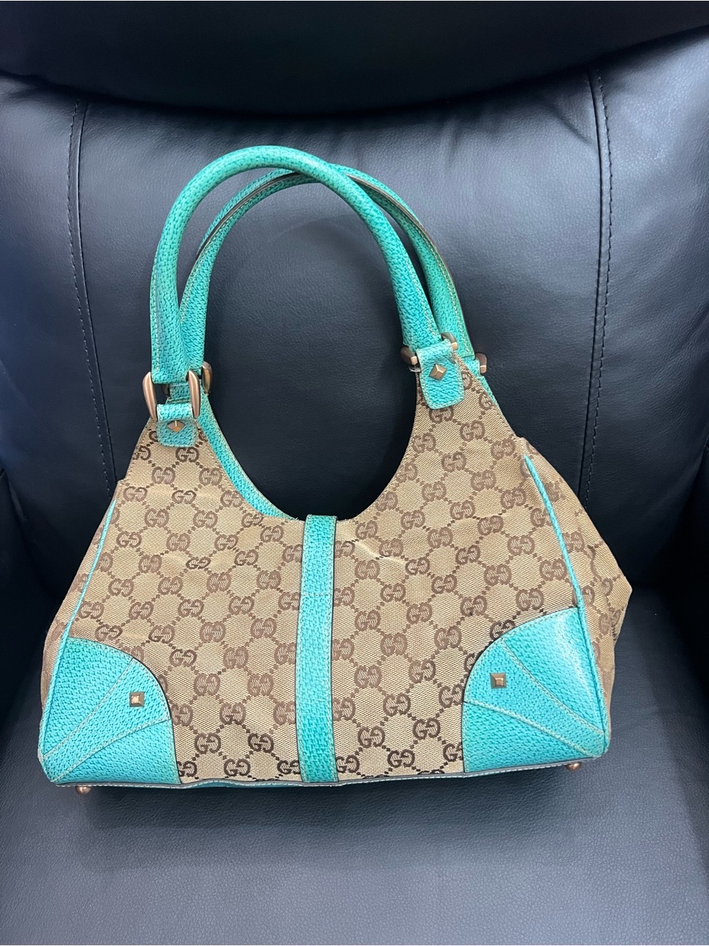 Gucci Beige GG Canvas Shoulder Bag with Turquoise Trim